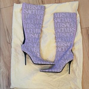 Versace baby pink Logo Knee-High Stiletto Boots